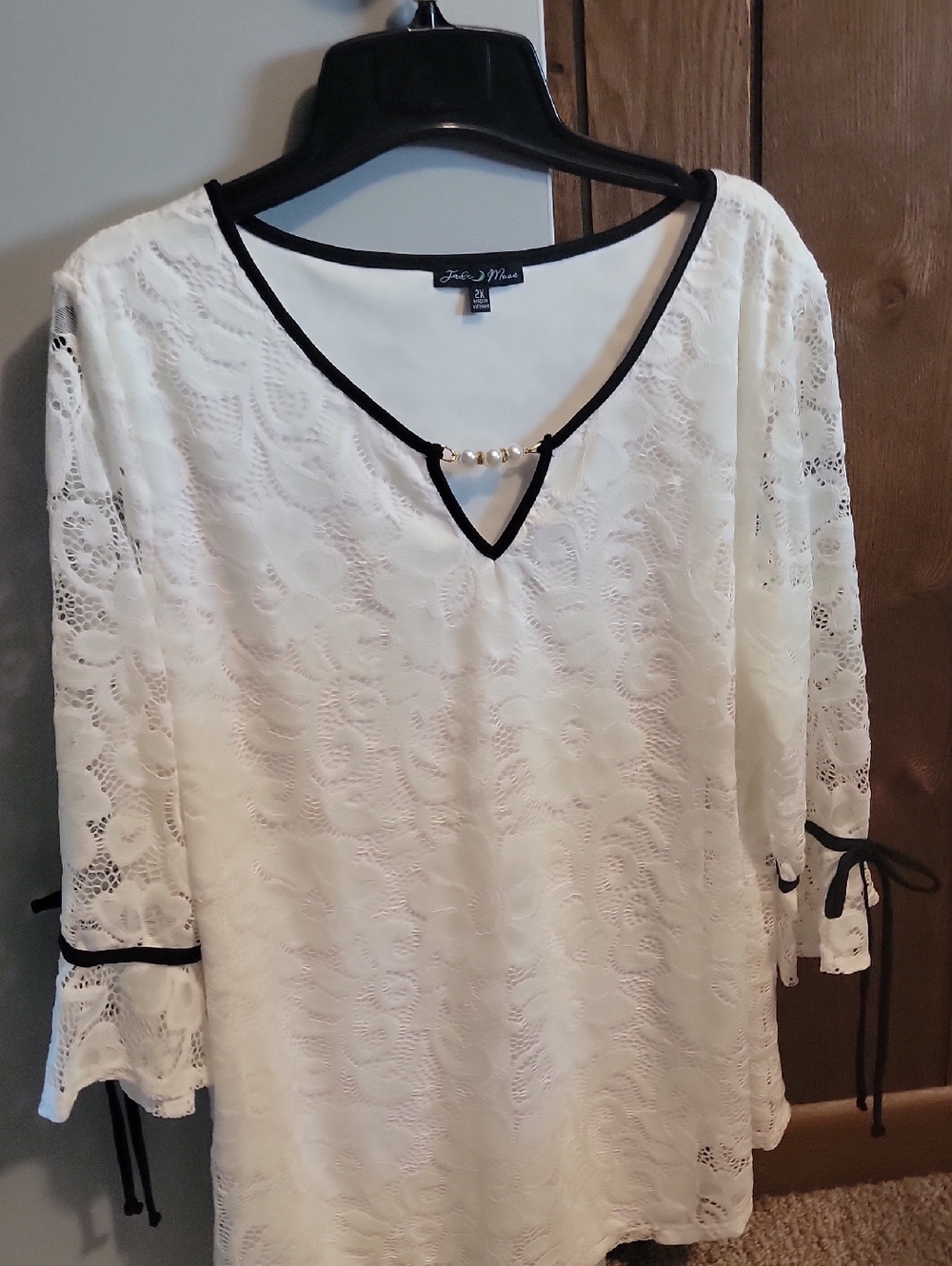 Cream Lace Blouse with Black Trim and Pearl Bar
